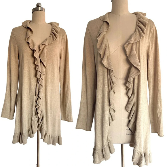 Magaschoni Beige Cotton Cashmere Cardigan Sweater Ruffle Trim Long Lightweight L - Picture 1 of 9